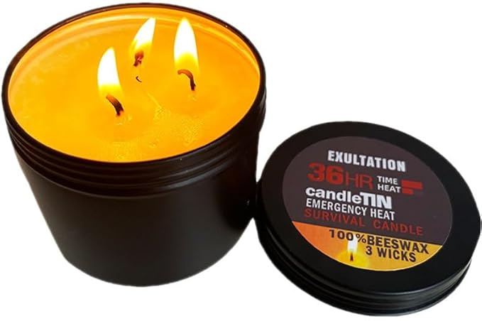 3-Wick Emergency Candle,36 Hours Long Burning, 100% Beeswax, Great Light &Heat Source for Survival, Camping, Black