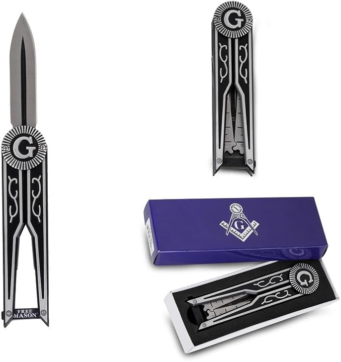 Folding Masonic Pocket Knife, 5.75 inch Closed/ 3.50" Blade Knife When Partially Opened It Forms the Shape of a Compass/Square Masonic symbol Gift for Men for Hunting, Camping, Fishing, Hiking Etc