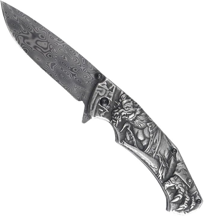 3D embossed folding knife, outdoor knife for camping, barbecue, fishing, cutting (Werewolf)