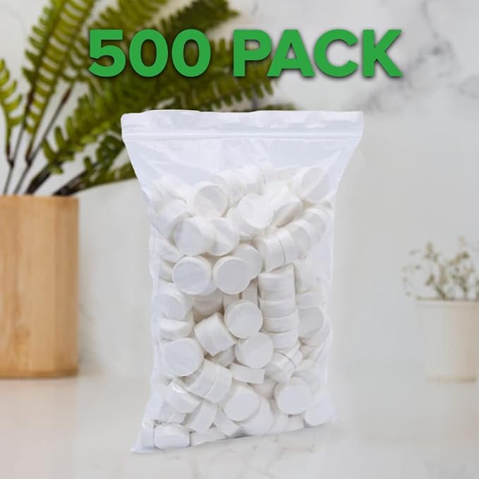 Compressed Towels Toilet Paper Tablets - Portable Compact Disposable Face Towel Wipes - Mini Coin Washcloth Tissues For Travel Camping Or Hiking + Reusable Water Tissue Dispenser (Cost Effective 500)