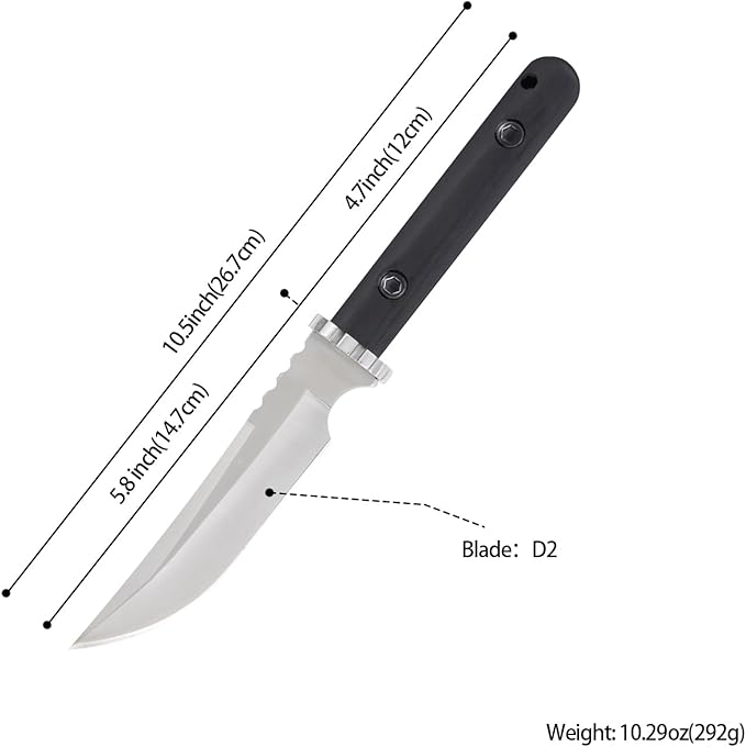 5.8 inch Fixed Knife Bushcraft Knife with D2 Blade for Camping Hunting Knife for Outdoor Survival Tool Gifts for Men, steel, realbbh123