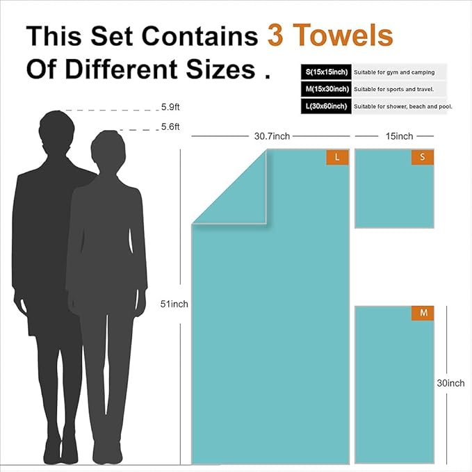 4Monster Camping Towels 3 Size at 1 Pack,Quick Dry Microfiber Towel,Beach Travel Towel Ultra Compact,Soft Gym Towel for Hiking Yoga Travel Sports Backpacking Trip and Pool