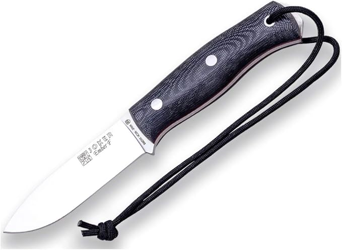 Joker Survival Knife Ember F CM123, 4.13 inches Blade of SANDVIK 14C28N Steel, Black Leather Sheath, micarta Canvas Handle, Paracord 550 Included, Tool for Fishing, Hunting, Camping and Hiking