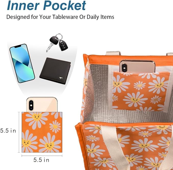 iknoe Insulated Lunch Bag for Women, 9L Durable Wide-Open Foldable & Portable Lunch Tote with Interior Pockets, Water-Resistant Thermal Lunch Cooler for Adults Picnic Beach (Daisy)