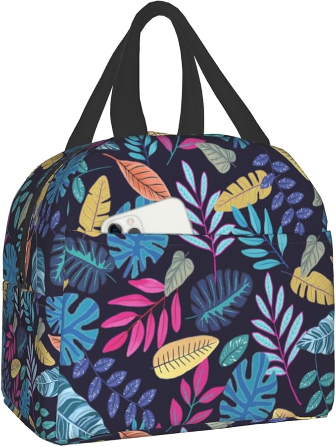 Imiss Blue Tropical Leaves Insulated Lunch Bag for Woman Man Adults, Hawaii Hawaiian Plants Reusable Cooler Lightweight Lunch Cooler Bag with Front Pocket for Picnic Work Office