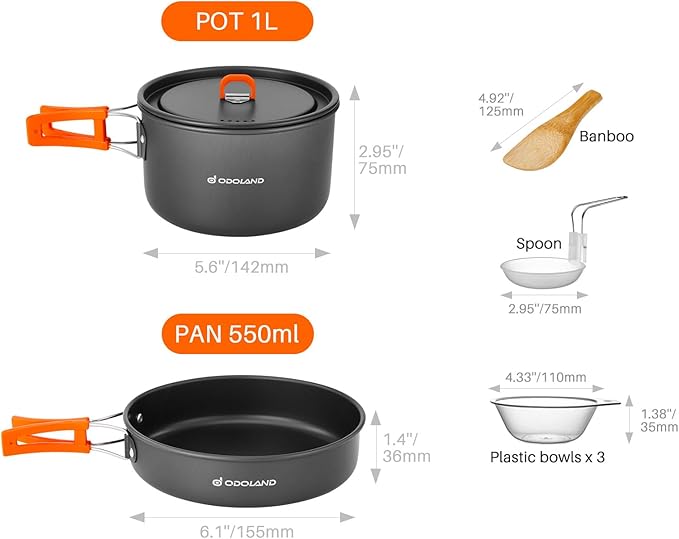 Odoland 9pcs Camping Cookware Non-Stick Lightweight Camping Pots and Pans Set with Plastic Bowls Soup Spoon for Camping, Backpacking, Outdoor Cooking and Picnic