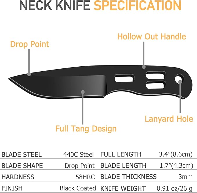 EDC Small Fixed Blade Neck Knife with Kydex Sheath, Cute Mini Necklace Knife for Men and Women -440C Steel Full Tang Design - Survival, Hunting, Camping, Hiking Cutting Tools (Black)