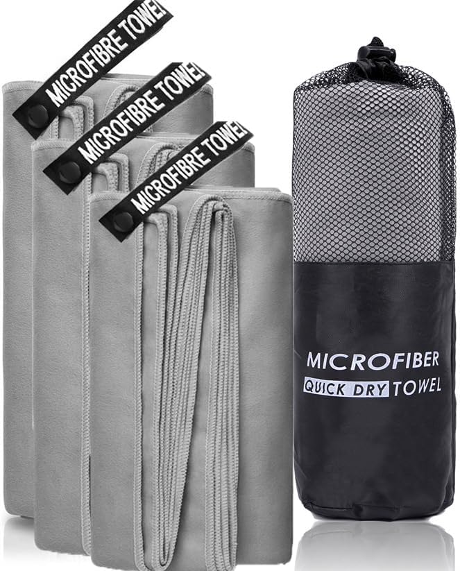 3Pack Quick Drying Soft Microfiber Towel, Sport Super Absorbent Bath Beach Towel Portable Gym Towel for Camping Swimming Running Yoga Golf Hiking Towel (Grey)