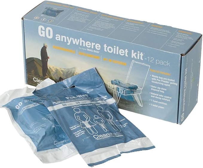 12 Pack GO Anywhere Lightweight Portable Toilet Refill Kit for Camping, Hiking, Backpacking w/ 12 Toilet Waste Kits (Waste Bag with Poo Powder, Zip-Close Storage Bag, Toilet Paper & Moist Towelette)