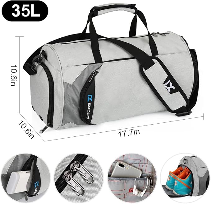 INOXTO Small Sports Gym Bag,Travel Duffel Bag with Dry Wet Pocket and Shoes Compartment for Women and Men,35L Waterproof Weekender Fitness bag For Swim Sports Travel Working Out (light grey 2)