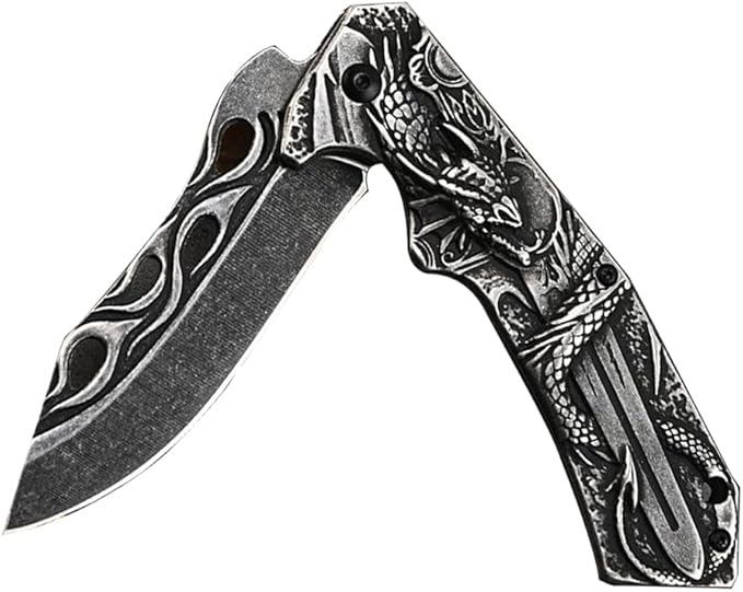 3D embossed folding knife, outdoor knife for camping, barbecue, fishing, cutting (Dragon Sword)
