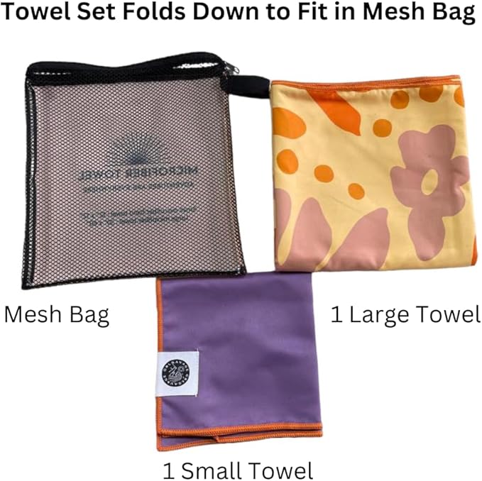 Beach & Travel Towel Set-Compact & Absorbent Microfiber Towel-Large Beach Towel- Recycled Material. (Purple Flower, Flora)