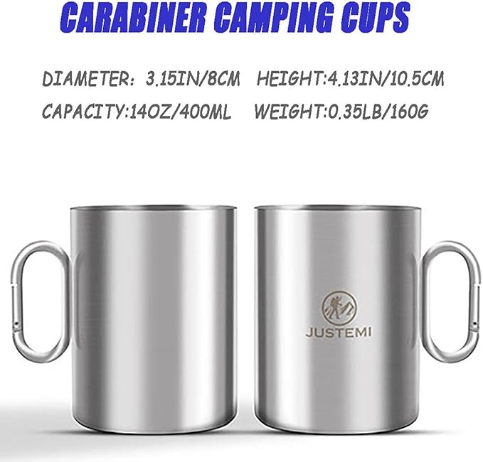 Backpacking Camping Mug,Stainless Steel Camping Cup with Carabiner Handle,Insulated Double Wall Coffee Mug Set of 2 for Traveling Outdoor 14oz