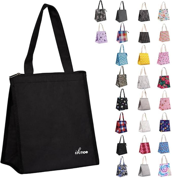 iknoe Lunch Bag Insulated Lunch Bags for Women Men Reusable Lunch Tote Portable Adult Thermal Large Lunch Cooler for Work Picnic Beach-Plain Black