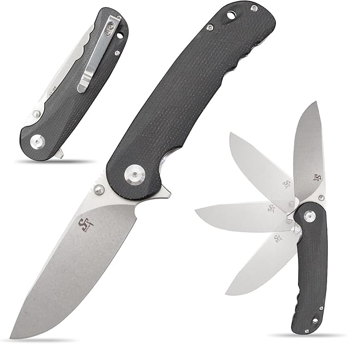 Sitivien ST106 Folding Knife, D2 Blade and Micarta Handle Flipper Pocket Knife, EDC Tool Knife for Outdoor Camping Hiking Survival(Black)