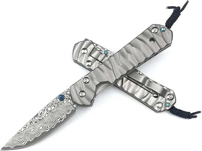 6.7 Inch Damascus Folding Knife with Pocket Clip, 2.6 Inch Damascus Blade with Titanium Alloy Handle, Sebenza Knife Folding Pocket Knife with Frame Lock, Thumb Stud for EDC Camping