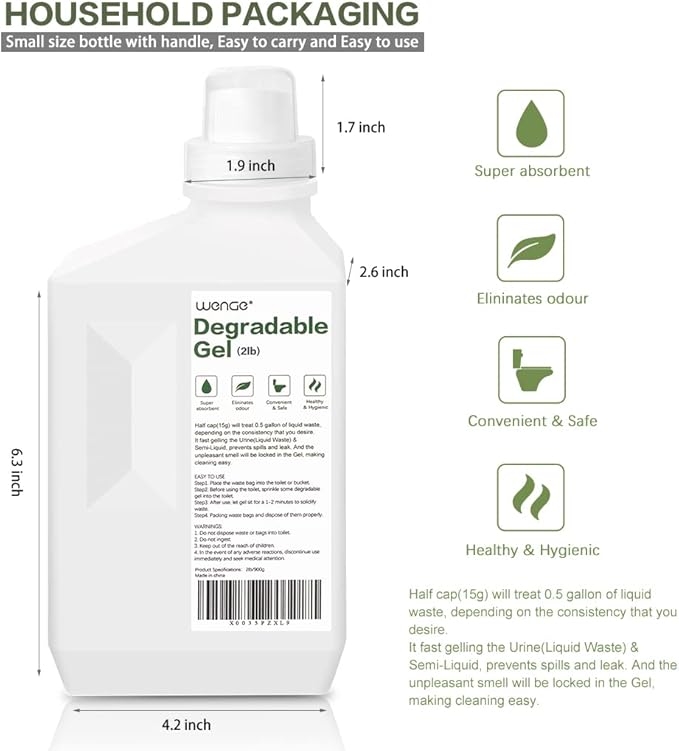 Wenge Urine Super Absorbent Powder, Deodorizer - 2LB - Pee Powder for Portable Toilet, Eco Absorbent Gel Liquid Waste Gelling - for Camping, Urinals, Bedside Commodes, Pet Potty etc