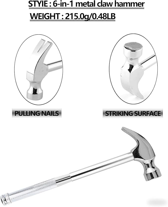 6-in-1 Metal Multifunction Hammer & Screwdriver Hand Tool Set Including Cross & Flat Screwdriver for Opening Walnuts, Wall Hanging, Nice Little Gifts (argent)