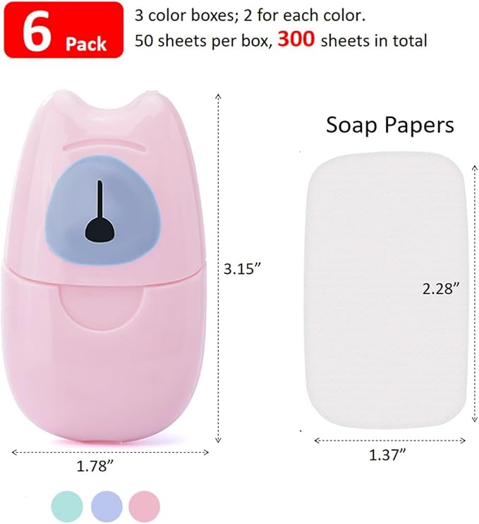 6 Boxes (300 Sheets) Mini Disposable Portable Travel Paper Hand Soap Sheets for Outdoor, Camping Hiking