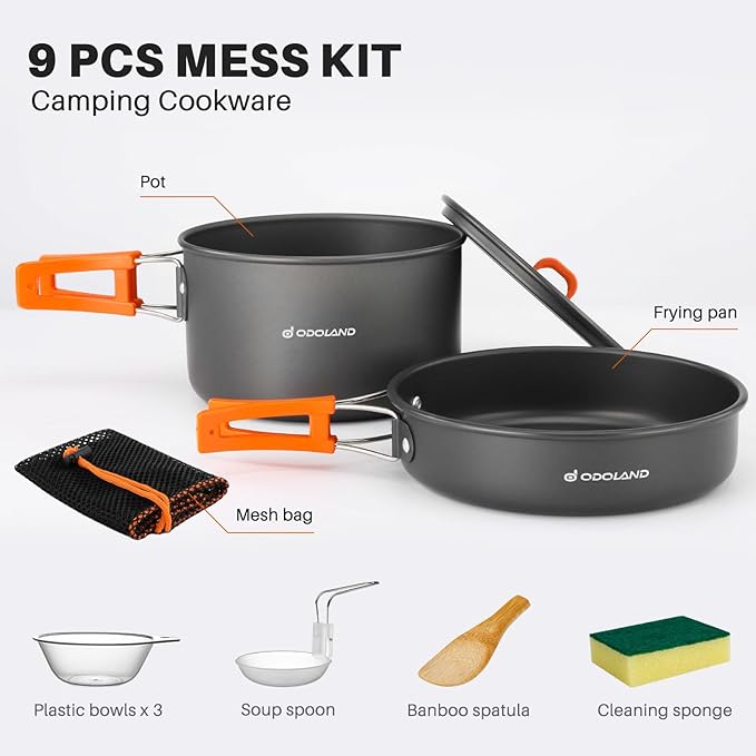 Odoland 9pcs Camping Cookware Non-Stick Lightweight Camping Pots and Pans Set with Plastic Bowls Soup Spoon for Camping, Backpacking, Outdoor Cooking and Picnic