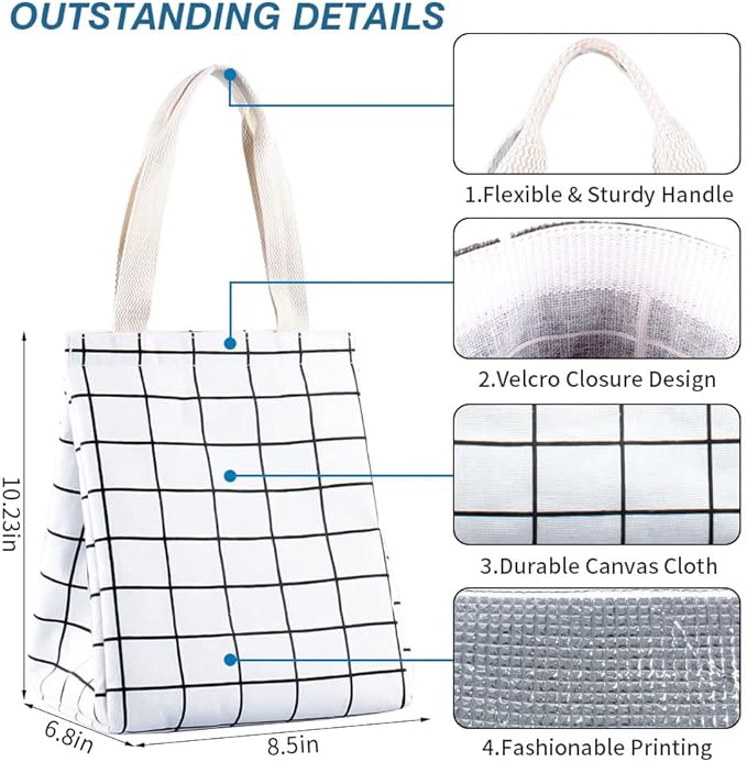 iknoe Insulated Lunch Bag for Women, 9L Sturdy Wide-Open Foldable & Portable Lunch Tote with Interior Pockets, Water-resistant Thermal Lunch Cooler for Adults Picnic Beach (White Plaid)