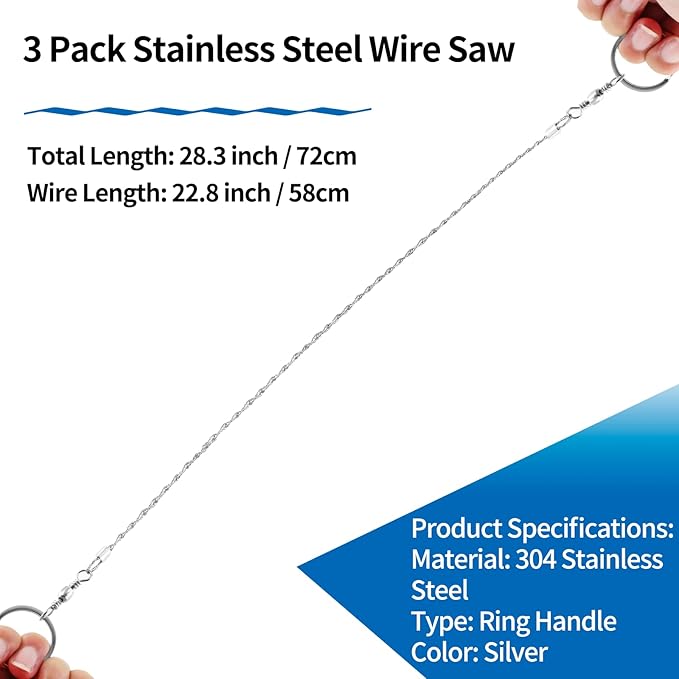 3 Pack Stainless Steel Wire Saw Emergency Saw Kit, Camping Wire Saw Mini Backpacking Saw, Cable Cutting String Bone Rope Saw, Travel Chainsaw for Wood Cutting Hiking Hunting (Ring Handle)