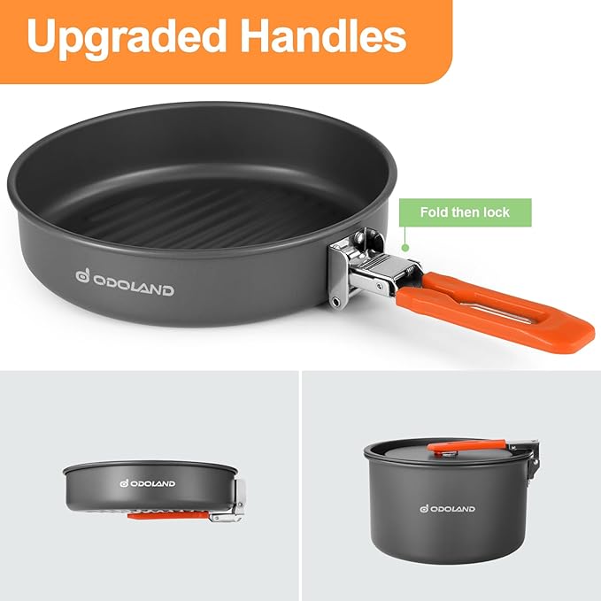 Odoland Camping Cookware Mess Kit, Non-Stick Lightweight Camping Pot and Fry Pan Set with Mesh Bag for Camping, Backpacking, Outdoor Cooking and Picnic