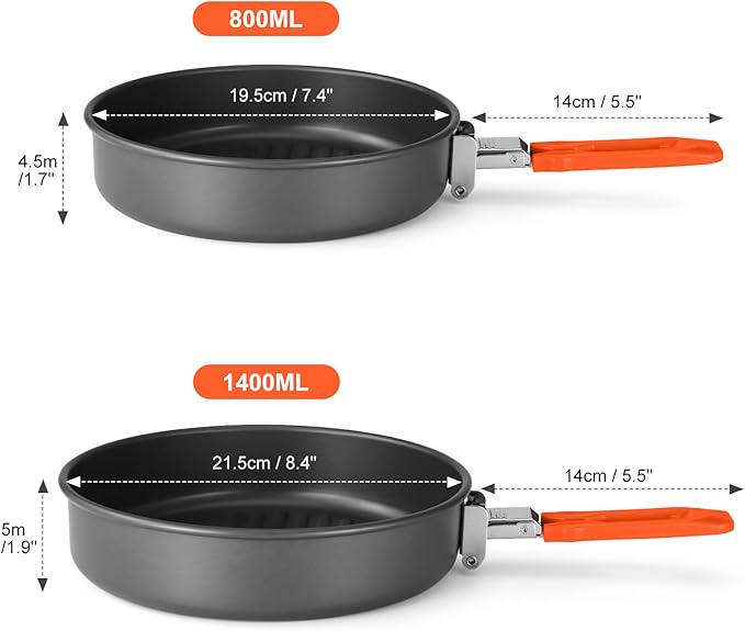 Odoland 2pcs Camping Frying Pans Nonstick for Camping Cooking Portable Camp Cookware 7.4" & 8.4" Camping Skillet with Mesh Bag for Backpacking Outdoor Camping Hiking and Picnic