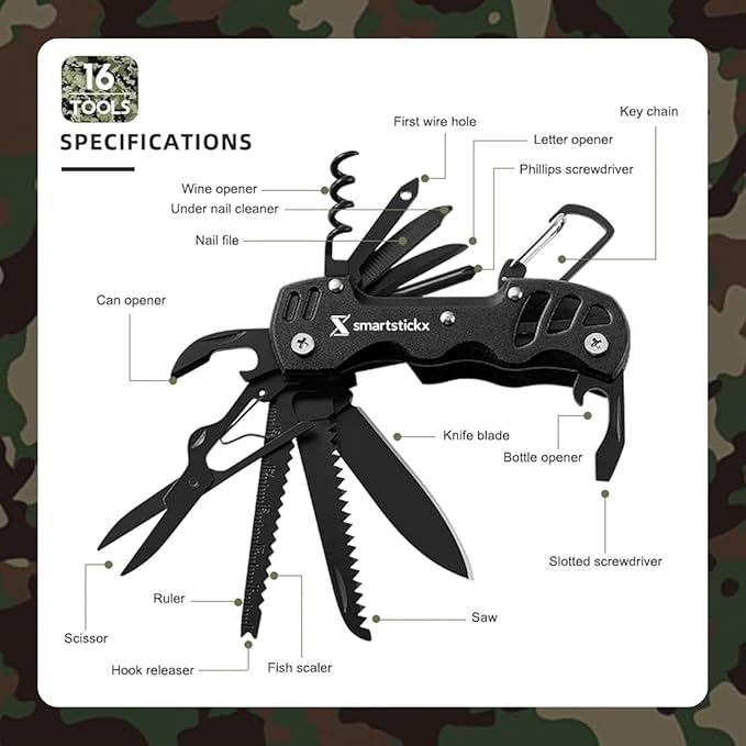 16 in 1 Multi Tool Tactical Knife Camping essential Survival Knife with Knife, Scissors, Saw, Wine Opener, Multiple Screwdrivers, Key Chain Easy Carry, Fish Scaler (Black)