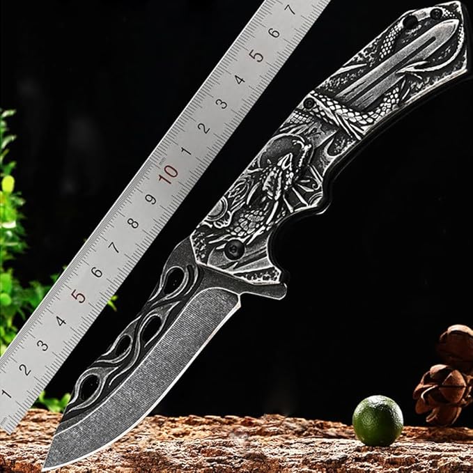 3D embossed folding knife, outdoor knife for camping, barbecue, fishing, cutting (Dragon Sword)