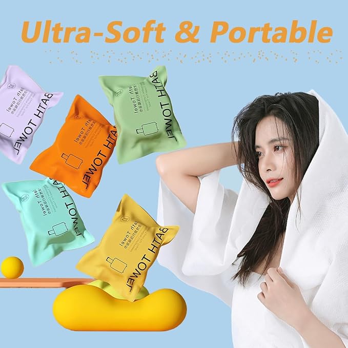 5 Pcs Disposable Bath Towels Tablets,55 x 27 inch Disposable Towels for Travel,Water Absorption Strong,Suitable for Hiking,Camping, Beach,Swimming and Traveling- Portable Light and Reusable
