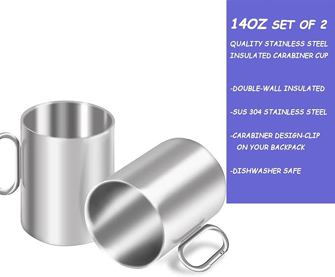 Backpacking Camping Mug,Stainless Steel Camping Cup with Carabiner Handle,Insulated Double Wall Coffee Mug Set of 2 for Traveling Outdoor 14oz