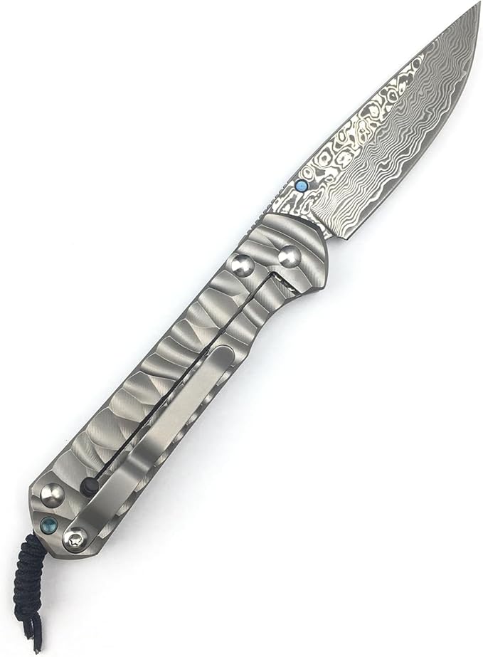 6.7 Inch Damascus Folding Knife with Pocket Clip, 2.6 Inch Damascus Blade with Titanium Alloy Handle, Sebenza Knife Folding Pocket Knife with Frame Lock, Thumb Stud for EDC Camping