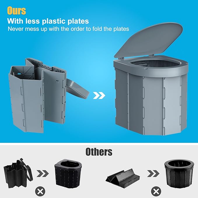 Portable Camping Toilet, Folding Toilet for Adults with Lid and Retractable Toilet Paper Holder, Waterproof Porta Potty with Carry Bag and Disposible Liners for Camping, Hiking, RV Travel, Road Trips