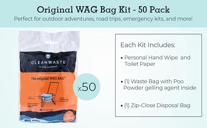 Cleanwaste Original WAG BAG - Go Anywhere Portable Toilet Kit (50 Pack) - Heavy Duty Odor Control Bags with NASA Gelling Poo Powder, Wipe, Toilet Paper (Camping, Road Trips, Emergencies, Boating)