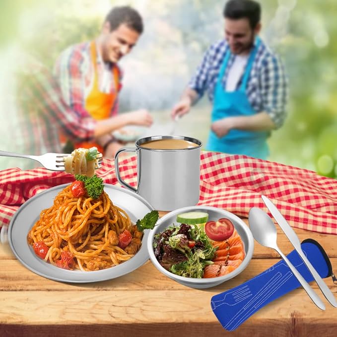 Camping Cutlery Set, 8 Piece Stainless Steel Cutlery Set Including Cutlery Spoons Mug Bowls & Plates Rags, Organizer Straps Easy to Carry for Backpacking, Camping, Hiking and Picnics