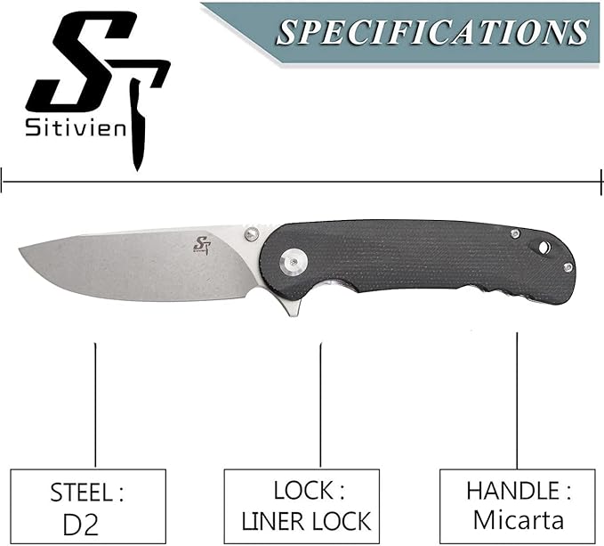 Sitivien ST106 Folding Knife, D2 Blade and Micarta Handle Flipper Pocket Knife, EDC Tool Knife for Outdoor Camping Hiking Survival(Black)