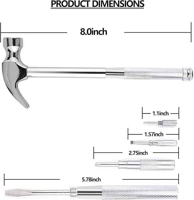 6-in-1 Metal Multifunction Hammer & Screwdriver Hand Tool Set Including Cross & Flat Screwdriver for Opening Walnuts, Wall Hanging, Nice Little Gifts (argent)