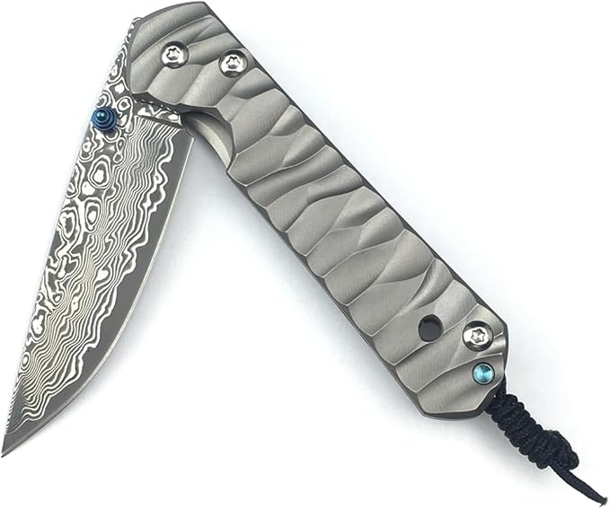6.7 Inch Damascus Folding Knife with Pocket Clip, 2.6 Inch Damascus Blade with Titanium Alloy Handle, Sebenza Knife Folding Pocket Knife with Frame Lock, Thumb Stud for EDC Camping