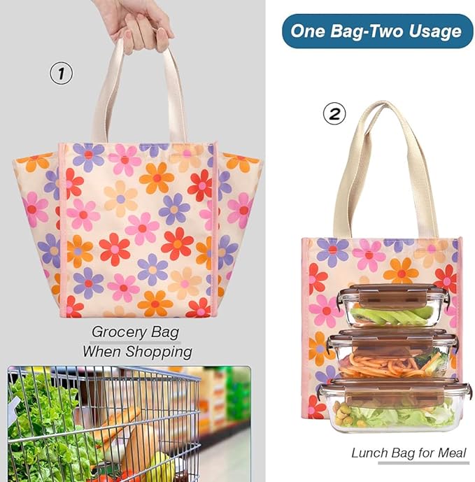 iknoe Lunch Bag Insulated Lunch Bags for Women & Men, 9L Reusable Lunch Tote, Portable Adult Thermal Large Lunch Cooler for Work Picnic Beach (Pink Flowers)