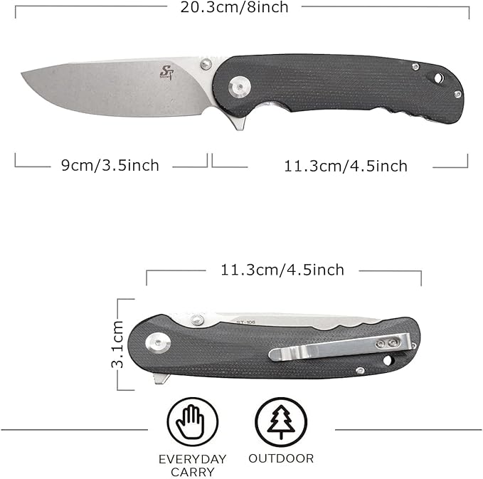 Sitivien ST106 Folding Knife, D2 Blade and Micarta Handle Flipper Pocket Knife, EDC Tool Knife for Outdoor Camping Hiking Survival(Black)