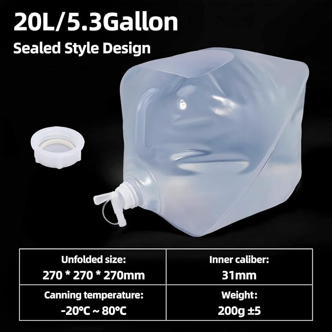2 Pack Collapsible Water Storage Containers, 2×5.3 Gallon BPA Free Water Bag Jug with Spigot for Camping Hiking Backpacking Outdoors & Emergency