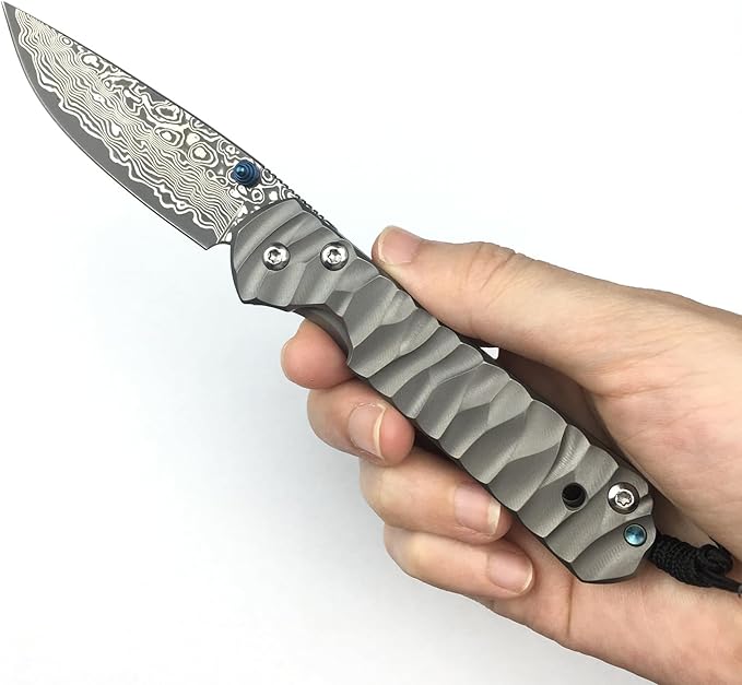 6.7 Inch Damascus Folding Knife with Pocket Clip, 2.6 Inch Damascus Blade with Titanium Alloy Handle, Sebenza Knife Folding Pocket Knife with Frame Lock, Thumb Stud for EDC Camping
