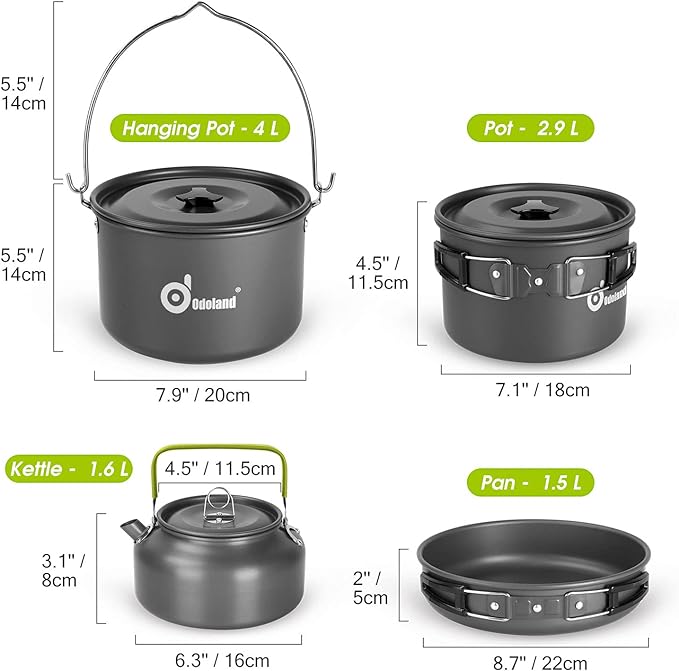 Odoland 39pcs Camping Cookware Mess Kit, Non-Stick Large Size Hanging Pot Pan Kettle with Base Dinner Cutlery Sets for 6 and More, Cups Dishes Forks Spoons Kit for Outdoor Camping Hiking Picnic