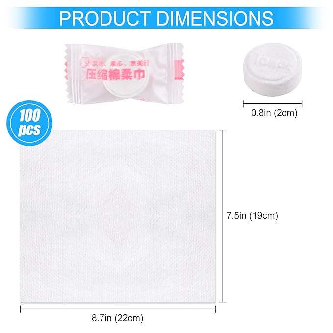 RETON 100 PCS Compressed Towels, Portable Compressed Towel Tablets, Mini Cotton Coin Tissue Disposable Compressed Face Towel, Travel Washcloth Toilet Paper Tablets for Travel Home Camping Outdoor