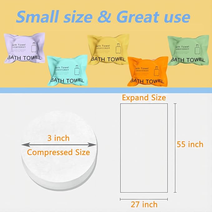 5 Pcs Disposable Bath Towels Tablets,55 x 27 inch Disposable Towels for Travel,Water Absorption Strong,Suitable for Hiking,Camping, Beach,Swimming and Traveling- Portable Light and Reusable