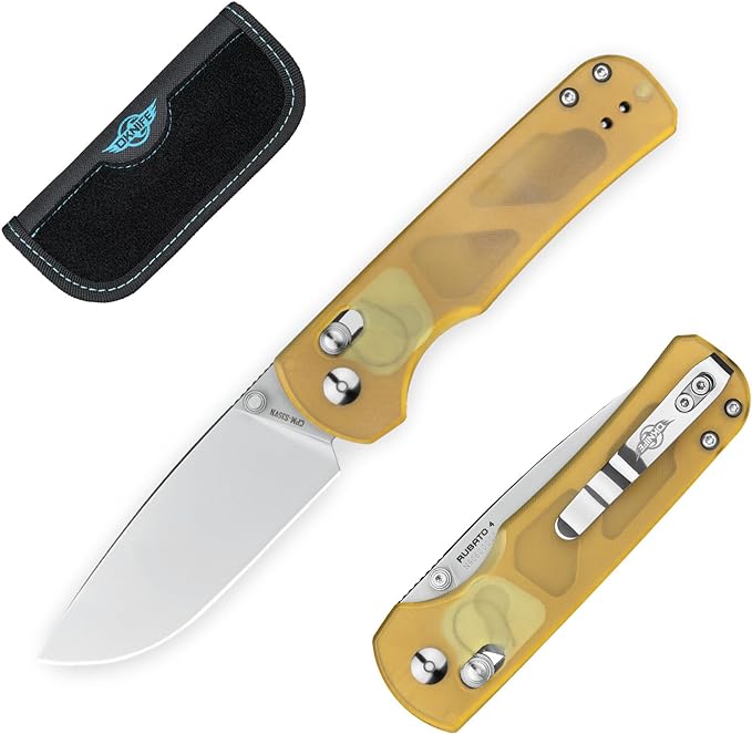 OKNIFE Rubato 4 PEI Folding Knife, CPM-S35VN Steel, 3.04" Blade Amber Handle with Deep Pocket Clip, Drop Point, Rail Lock, Thumb Stud