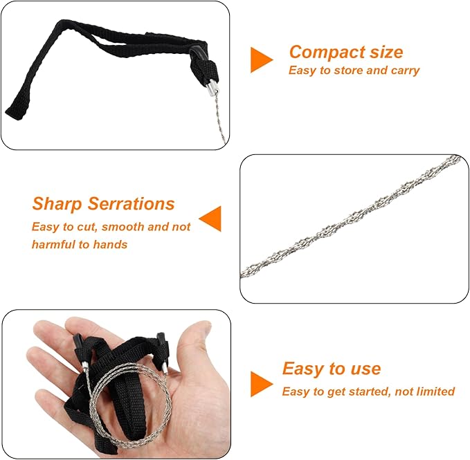 3 Pcs Hand Pocket Chainsaw Stainless Steel Emergency Saw Kit Mini Survival Wire Saw with Rope Handle for Cutting Hunting Hiking Backpacking Gear(Black)