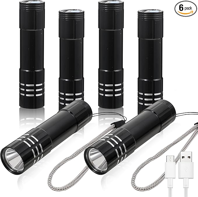 6 Pack LED Aluminum Small Mini USB C Rechargeable Flashlights, Handheld Small Flashlight Bulk for Kids, Portable Camping Bright High Lumens Flashlight Christmas Gifts (Black)