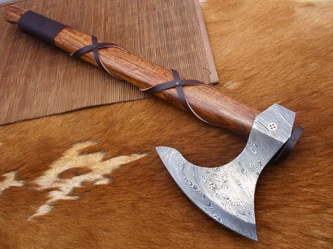 20 Inches Long Damascus Steel Tomahawk Axe, Rose Wood with Wrapped Leather Handle Bearded Hiking Axe, Hand Forged Damascus Steel Camping Axe, Thick Cow Hide Leather Sheath